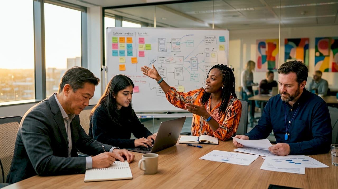 Diverse team collaborating on software workflows