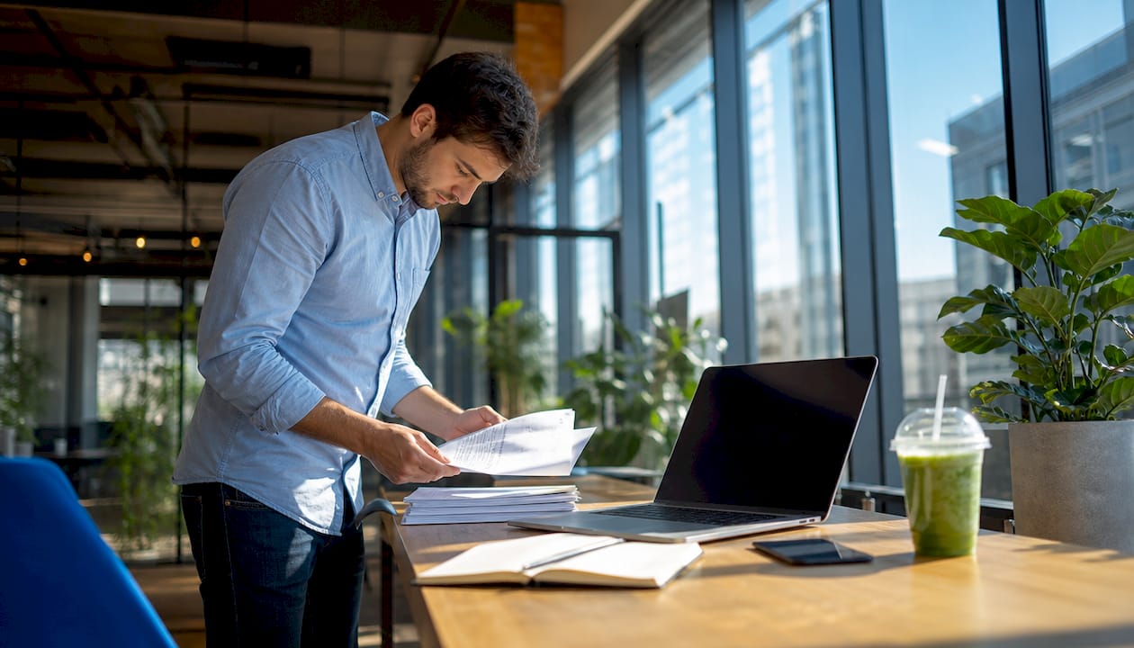 Founder reviewing fixed-price contract documents at desk