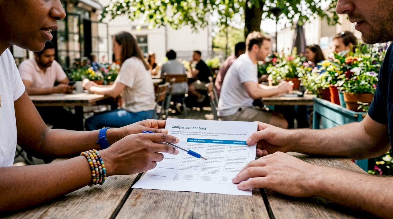 Two hands pointing to contract risk comparison table