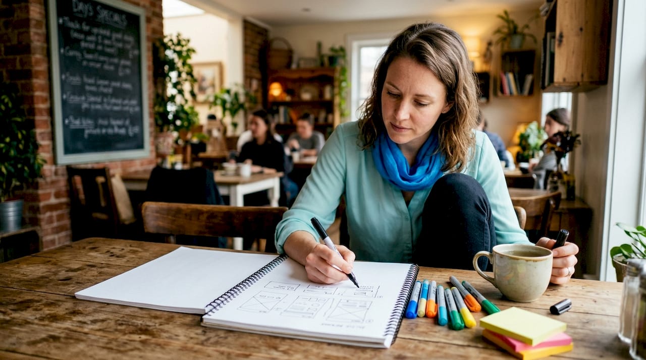 Startup founder sketching UX wireframes at bright coworking space
