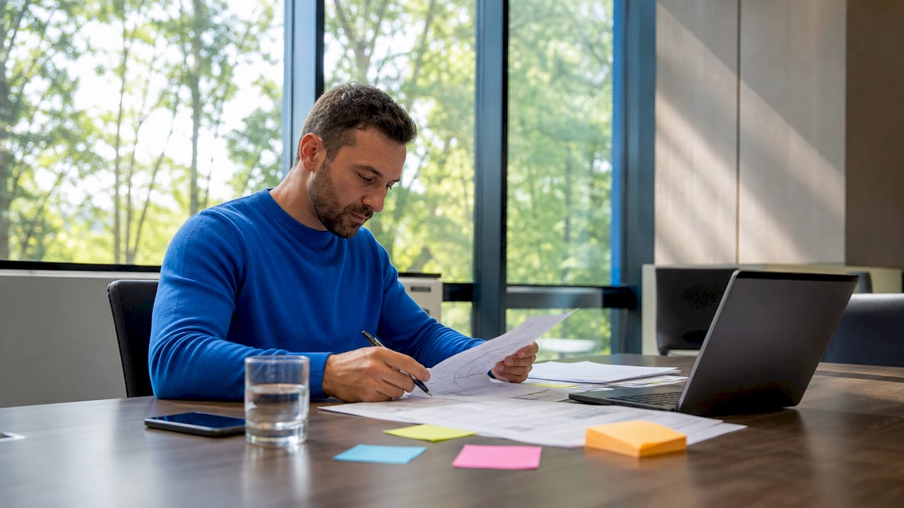 Project manager reviewing software maintenance documents