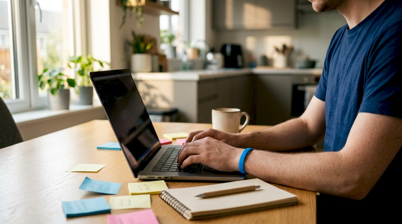 Hands typing on laptop fixing software bugs