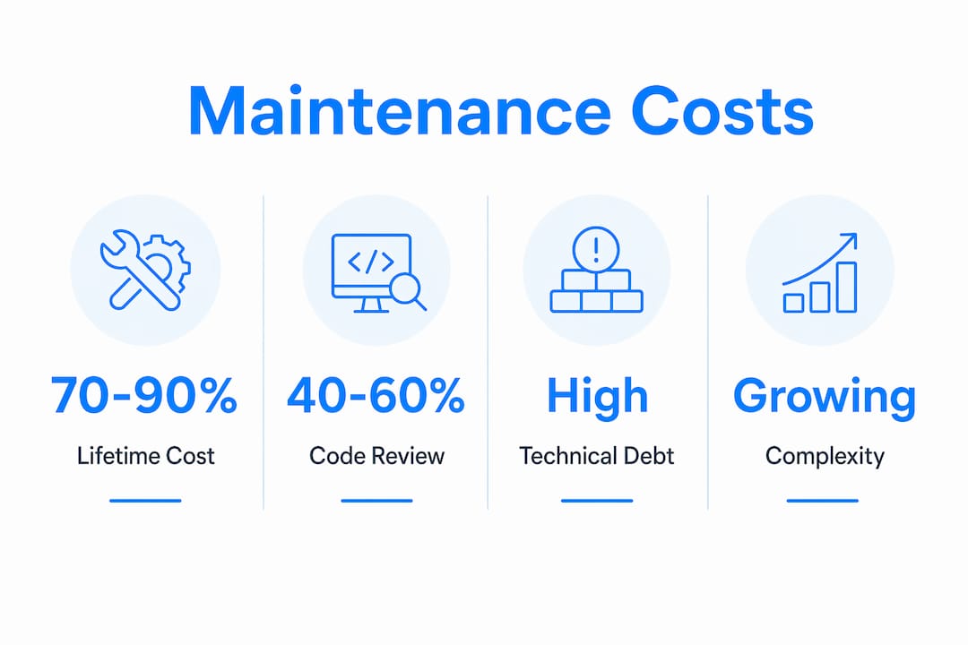 Infographic showing software maintenance cost factors with key statistics