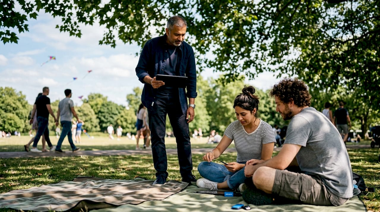 Man conducting guerrilla UX test outdoors
