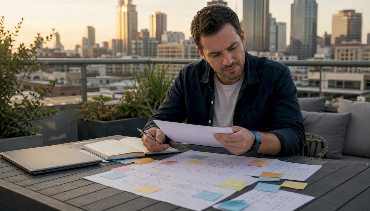 Business manager reviewing workflows in office