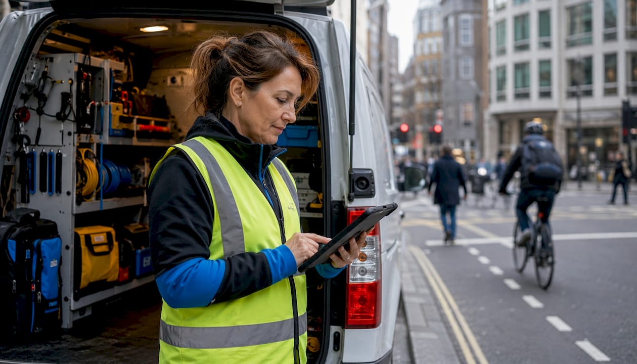 Field technician using tablet by service van