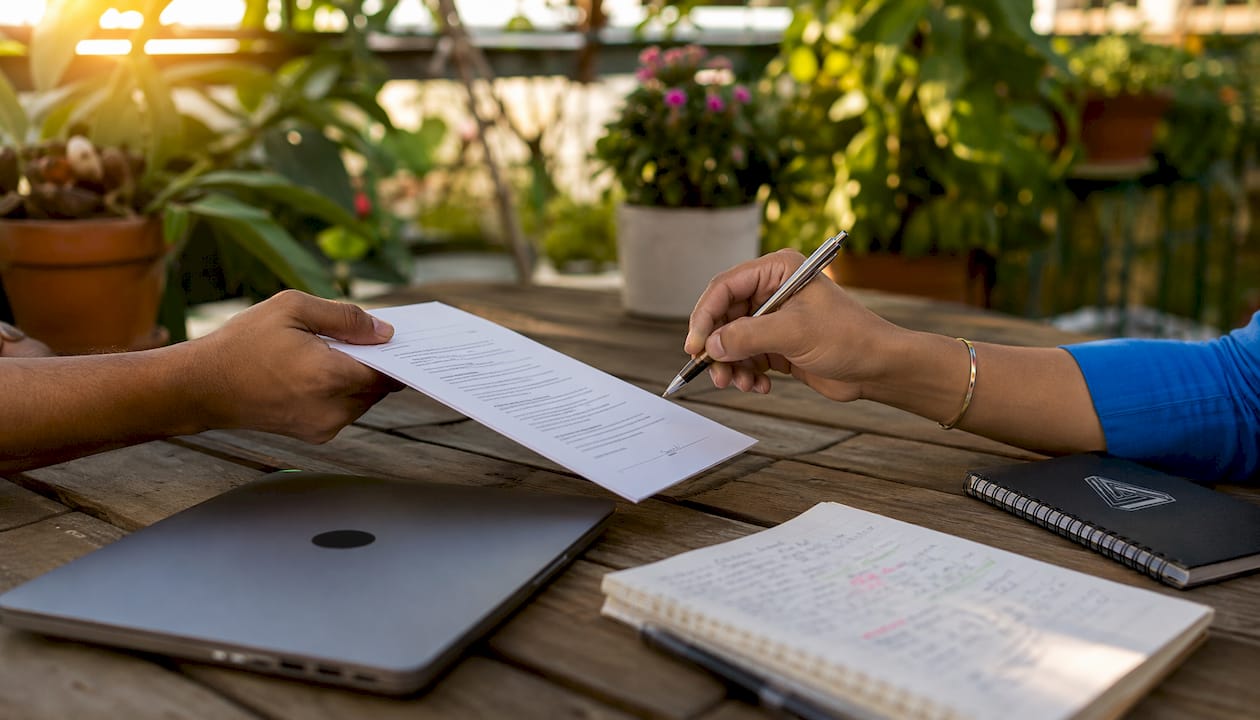 Hands exchanging software contract documents