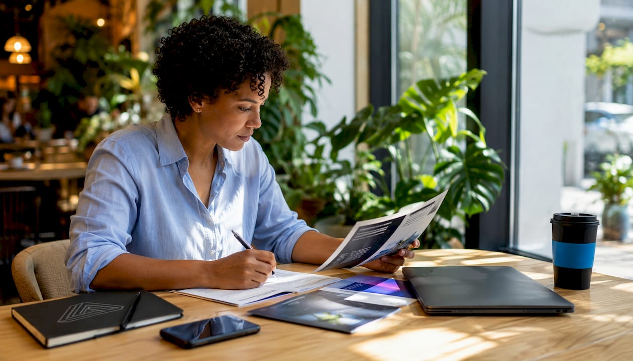 Entrepreneur reviewing software options at desk