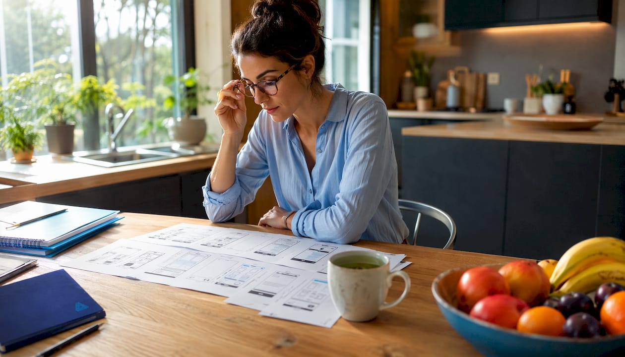 Product manager reviewing app onboarding sketches