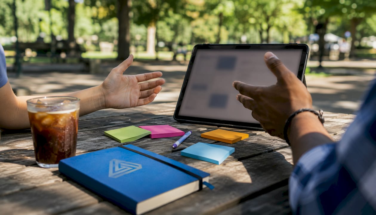 Two collaborators discussing onboarding patterns over tablet