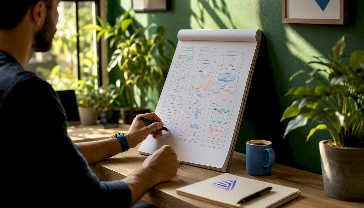 Hands typing wireframe design at home office