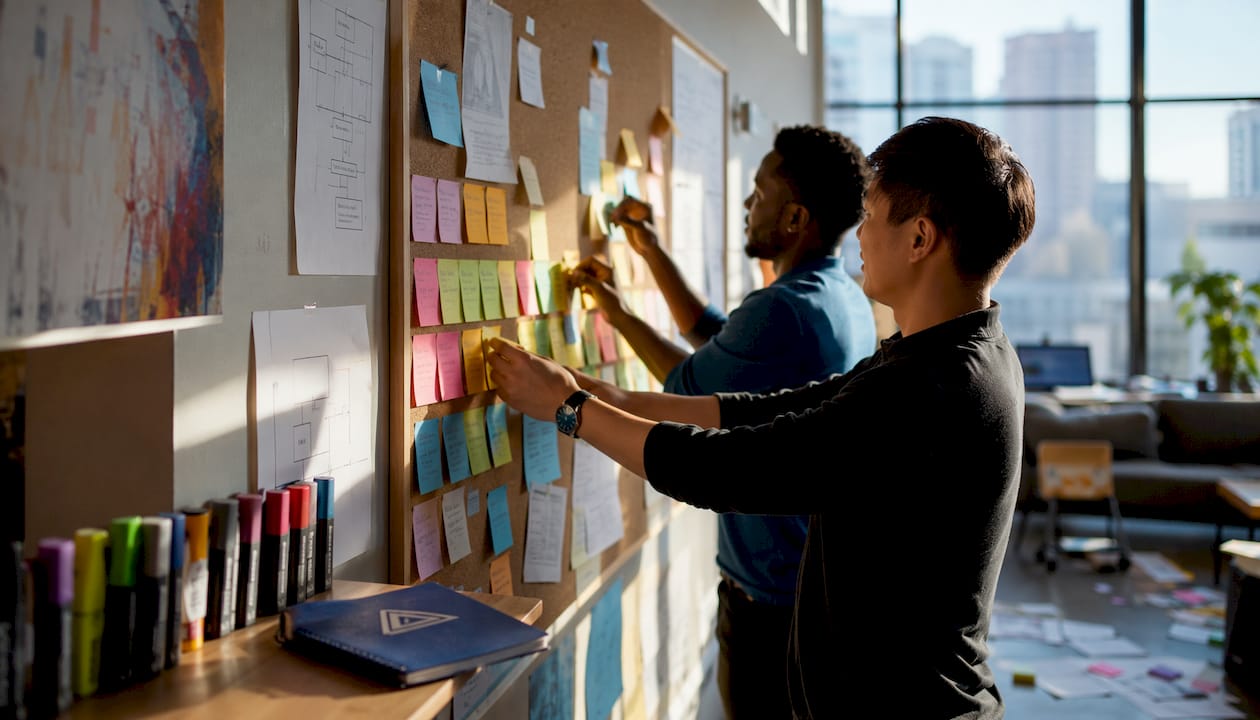 Hands arranging scalability strategy notes overhead view