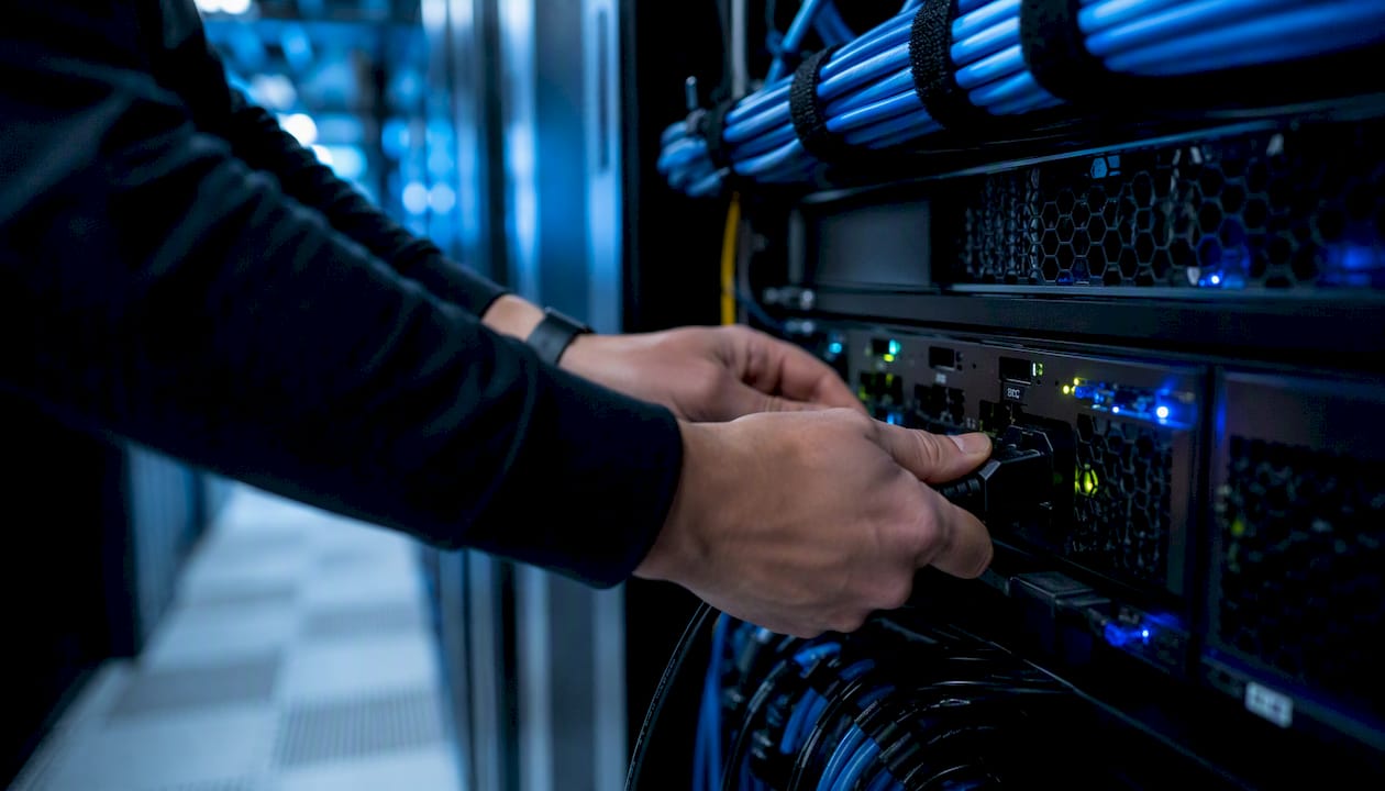 Hands connecting power cable to server