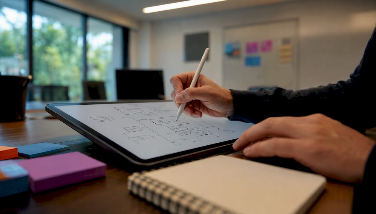 Hands sketching API contract on tablet