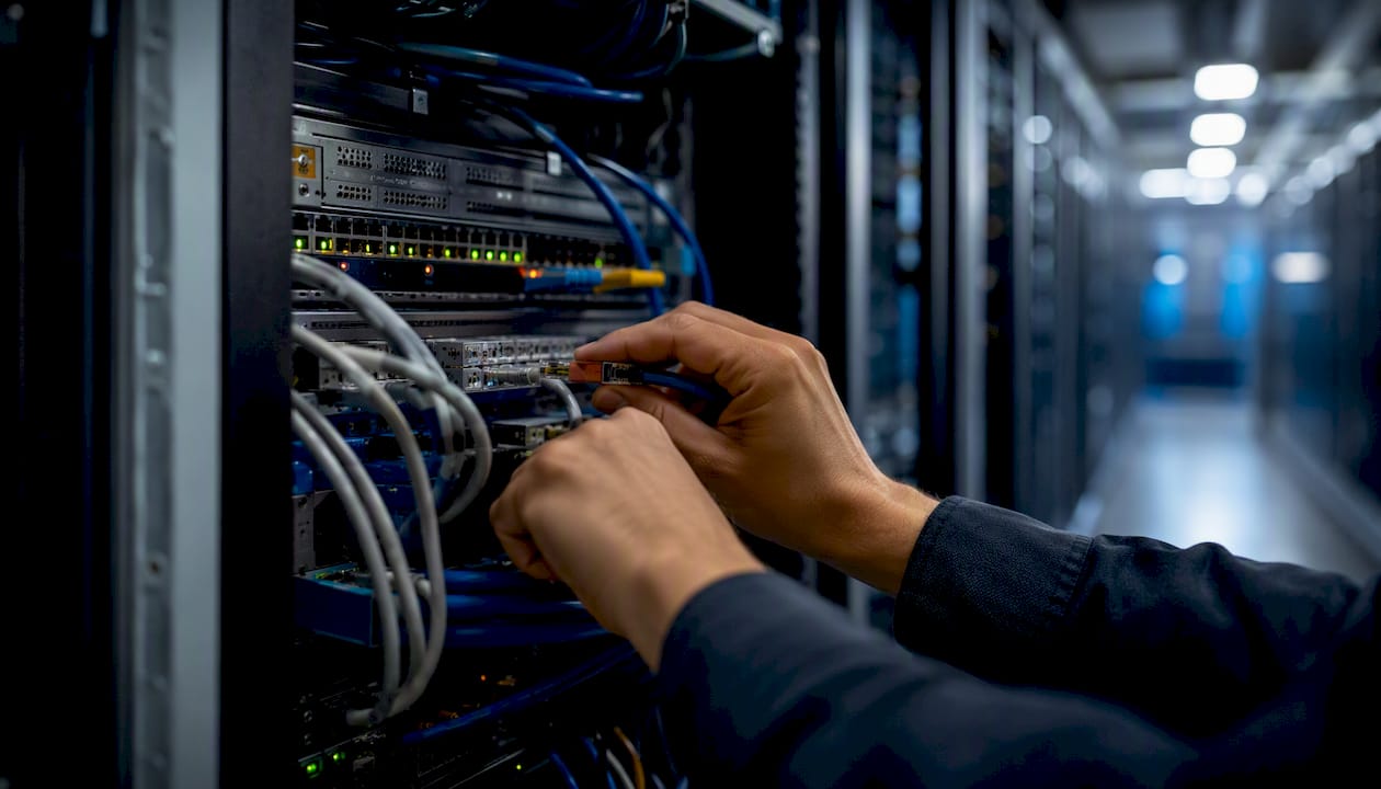 Hands connecting server cables in data center