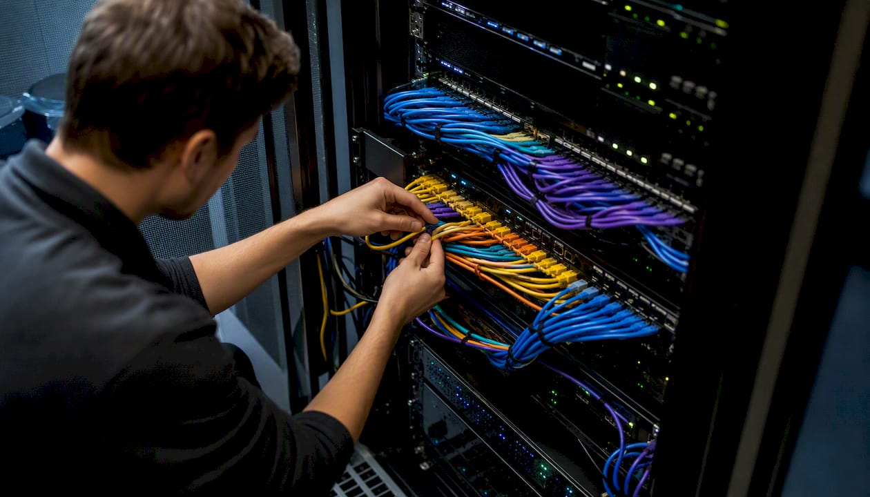 Hands configuring network monitoring hardware