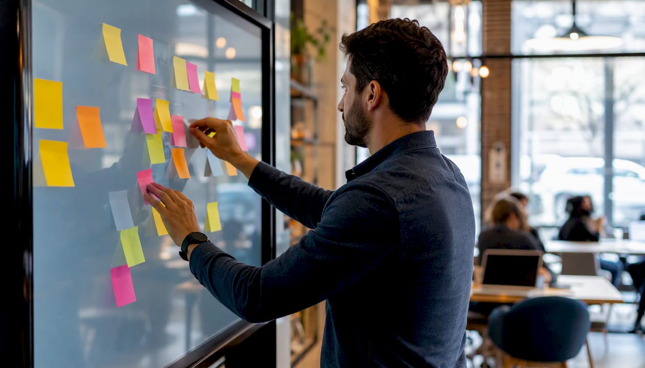 Hands organizing sticky notes on digital board