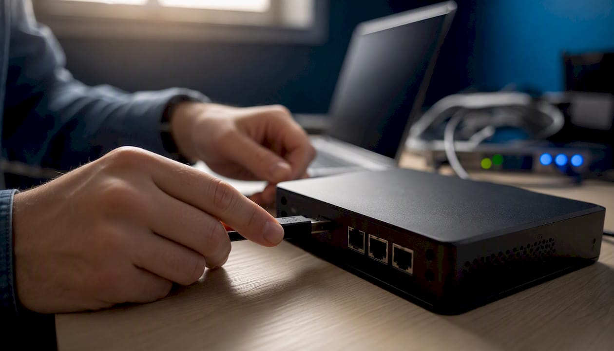 Hands plugging USB cable into network device