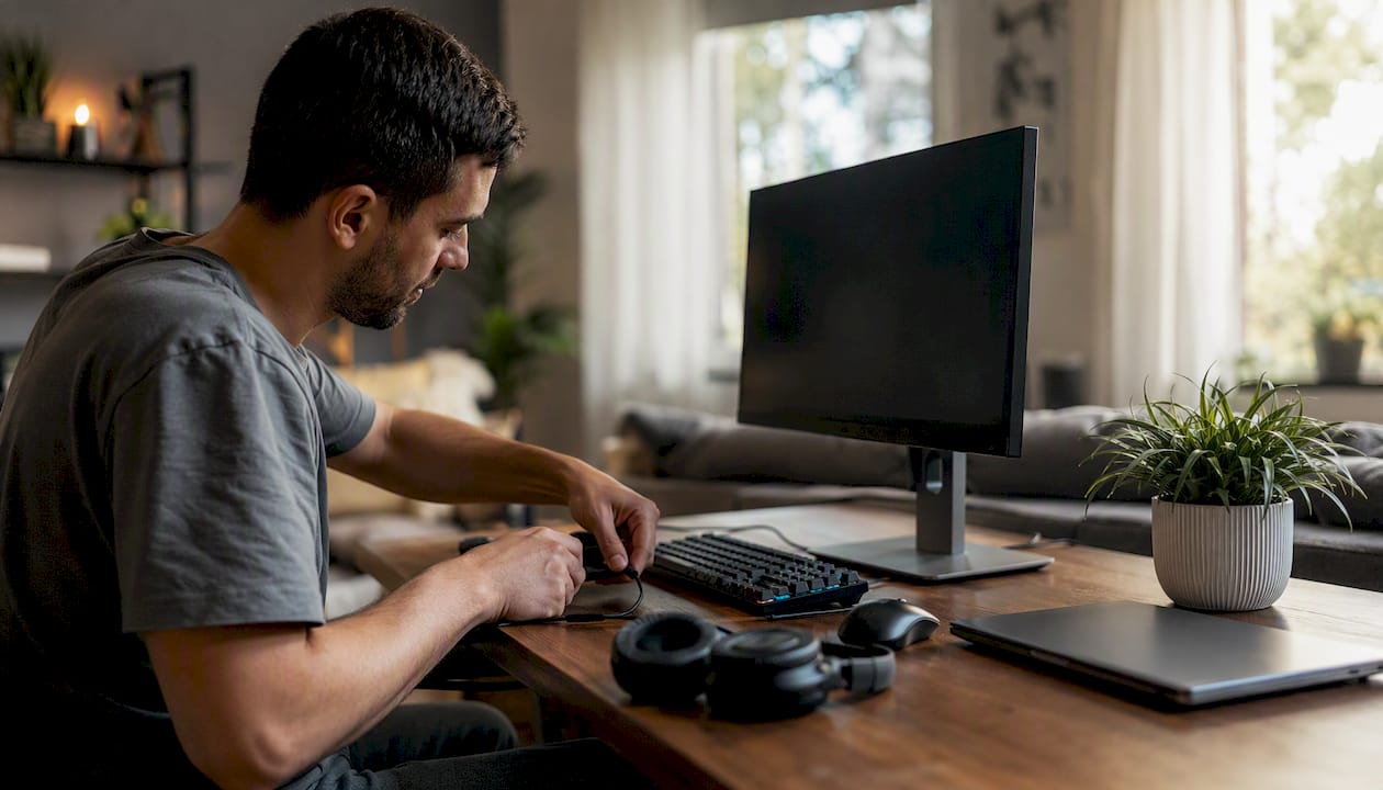 Hands setting up development workstation