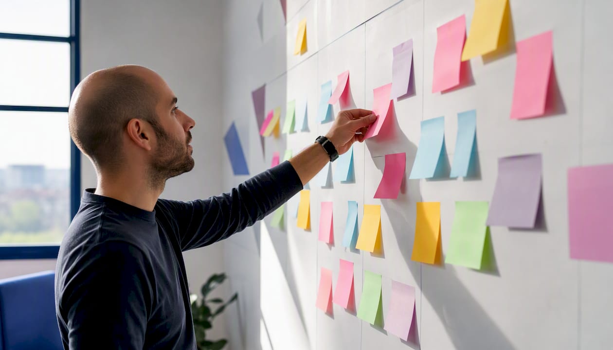 Hand placing task block on agile board
