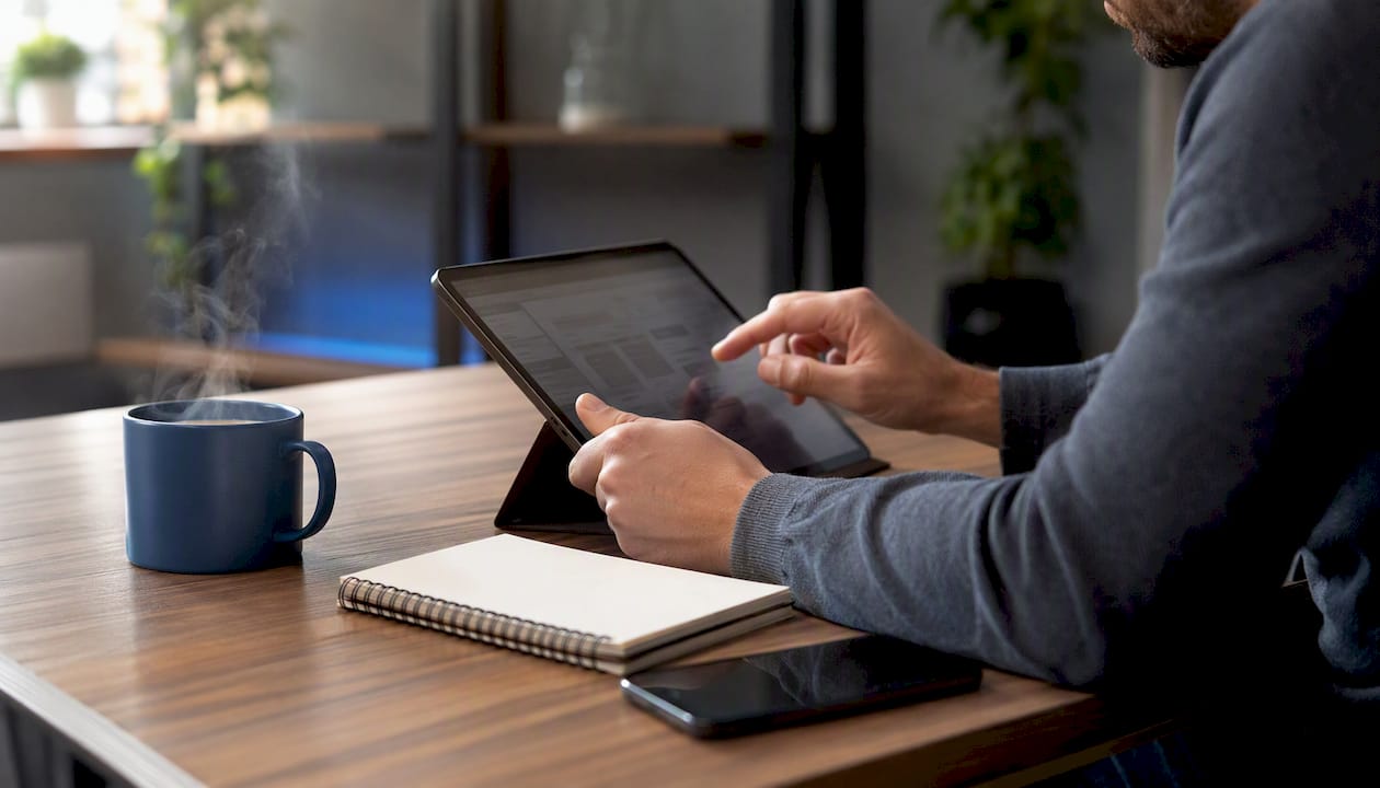 Hands working on app prototypes in workspace