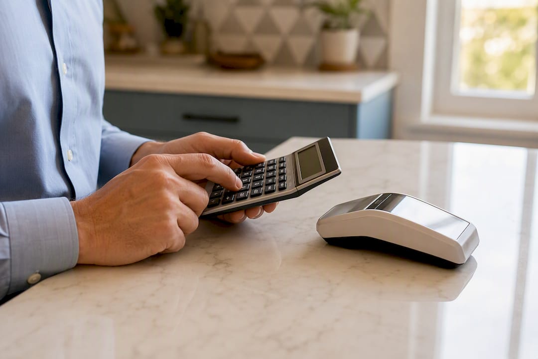 Hands calculating payment processing fees