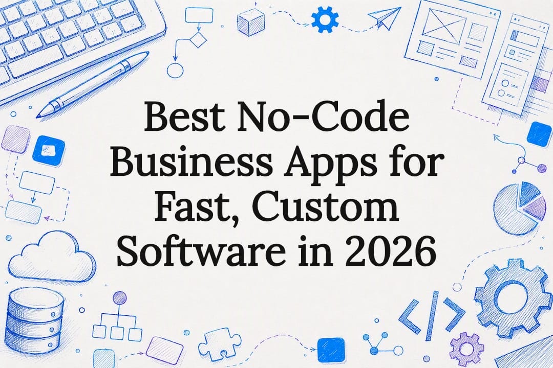 Decorative title card illustration with no-code app icons