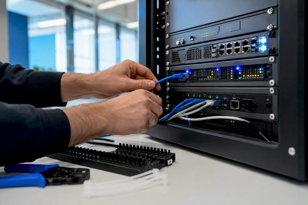 Hands configuring network security hardware