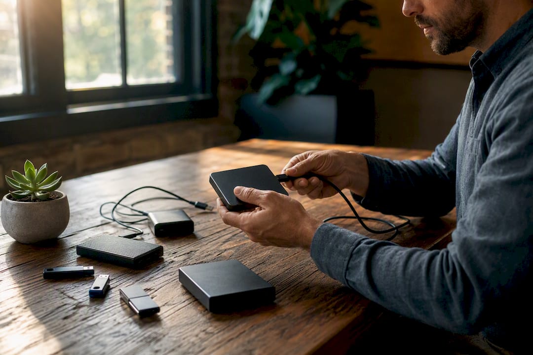 Hands plugging USB cable into external drive