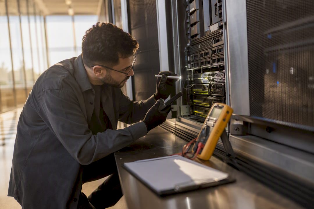 Hands operating diagnostic tools on server hardware