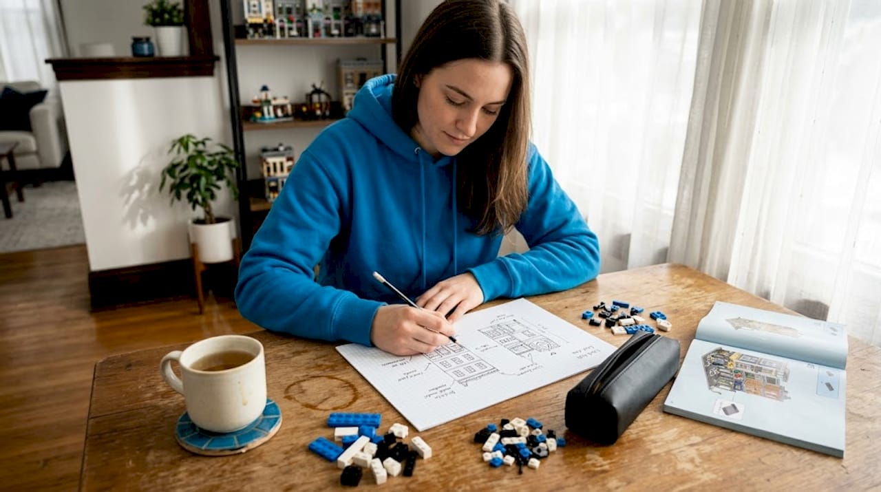 Sketching LEGO lighting plan at kitchen table