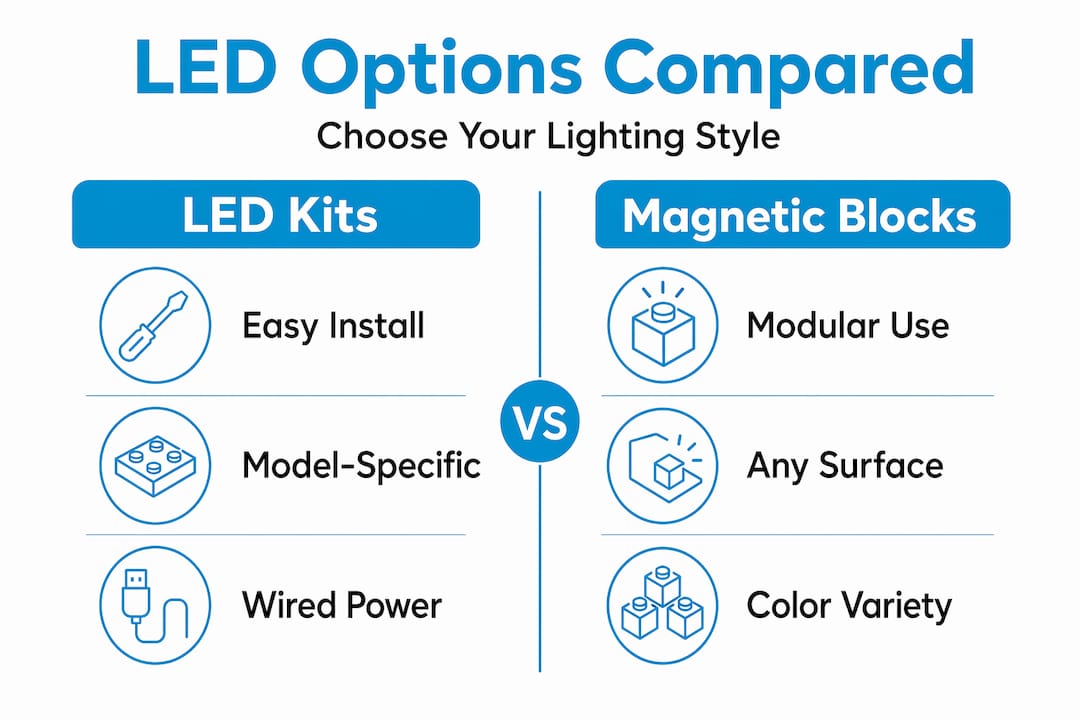 Infographic comparing LED kits and magnetic blocks