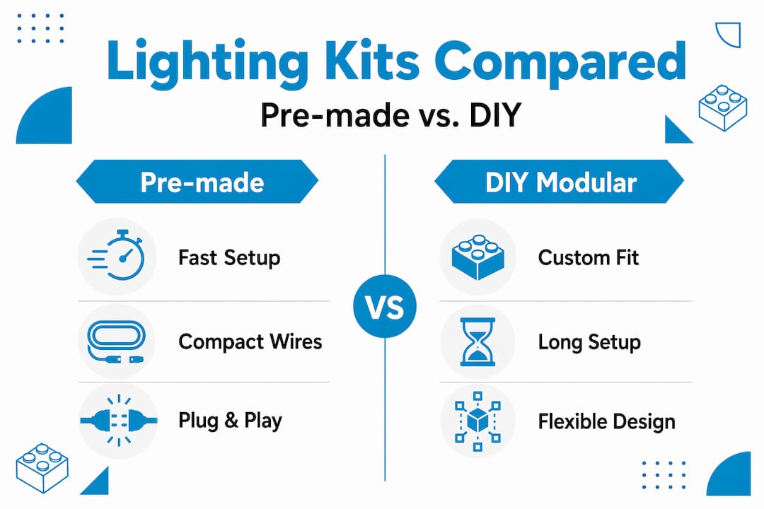 Infographic comparing pre-made and DIY LEGO lighting kits