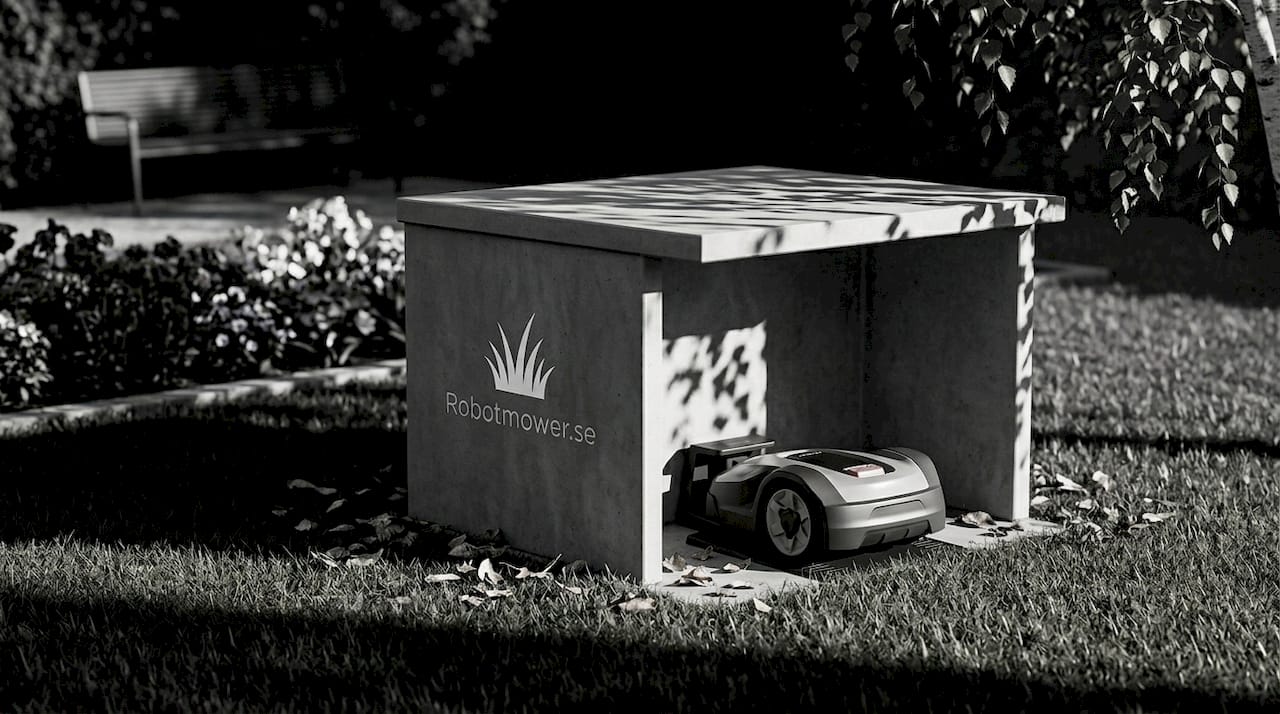 Robotgräsklipparen står tryggt parkerad under det lilla trädgårdsgaraget av trä.