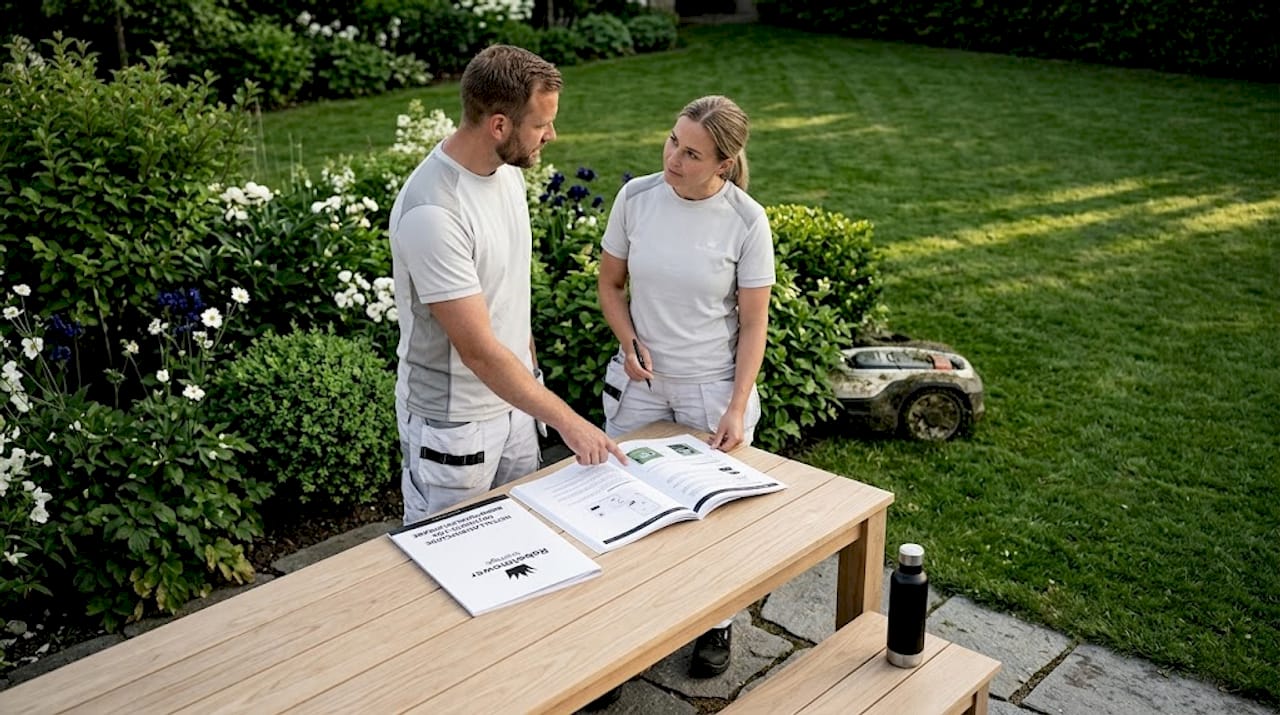 En tekniker går igenom hur man installerar en robotgräsklippare.