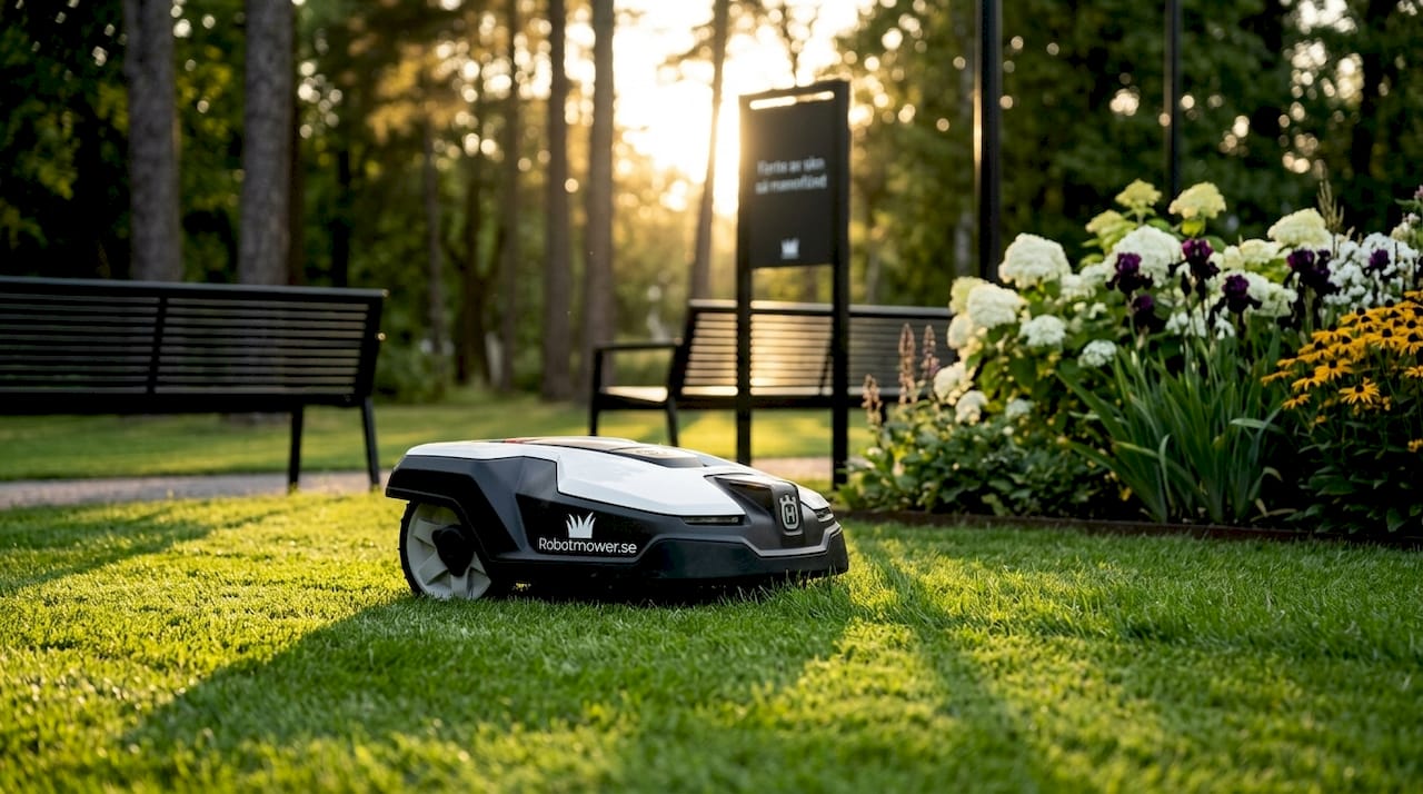 En robotgräsklippare susar fram över villagräsmattan en solig dag.