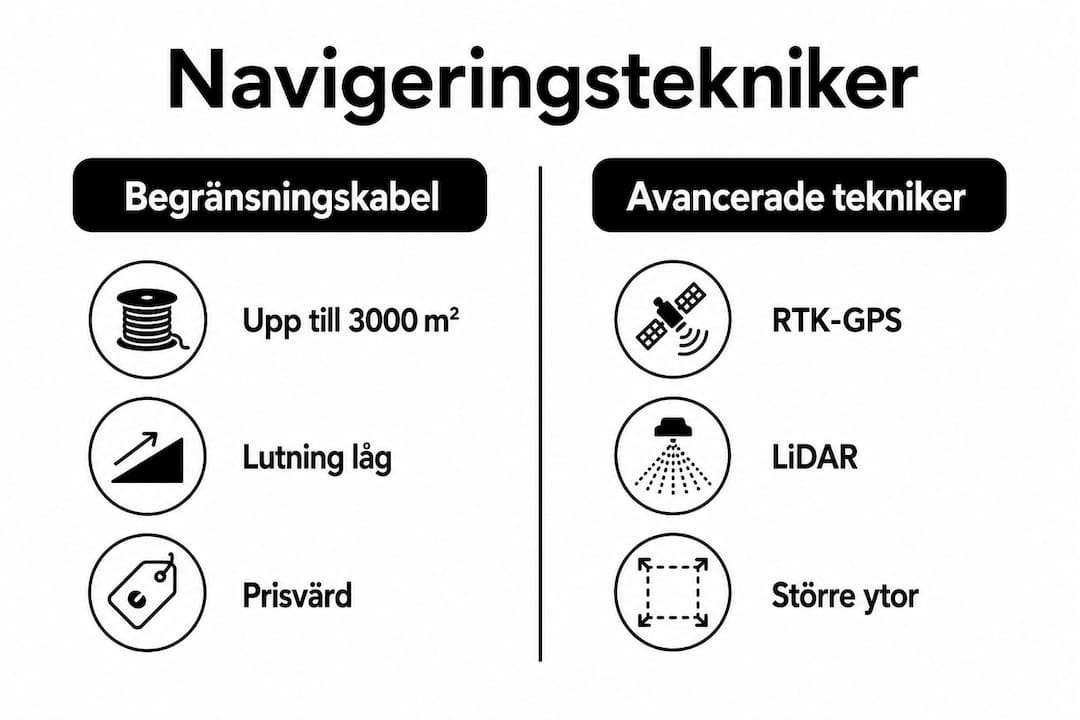 Grafisk översikt: Så skiljer sig olika navigeringslösningar för robotgräsklippare