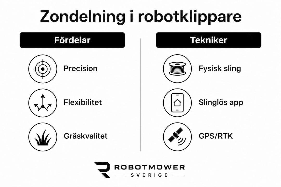 En tydlig infografik som visar olika sätt att dela in gräsmattan i zoner med robotgräsklippare – och vilka fördelar de olika metoderna har.