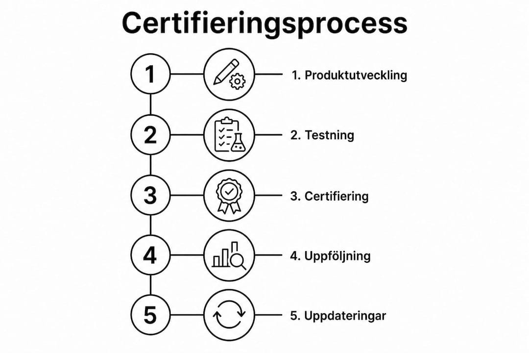 Illustration som tydligt visar de olika stegen i certifieringen av robotgräsklippare