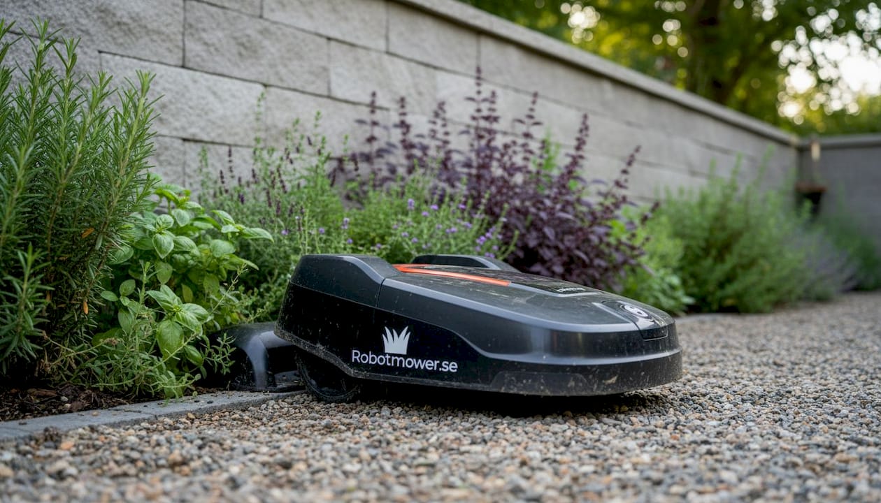 Robotgräsklipparen står och laddar vid sin station ute i trädgården.