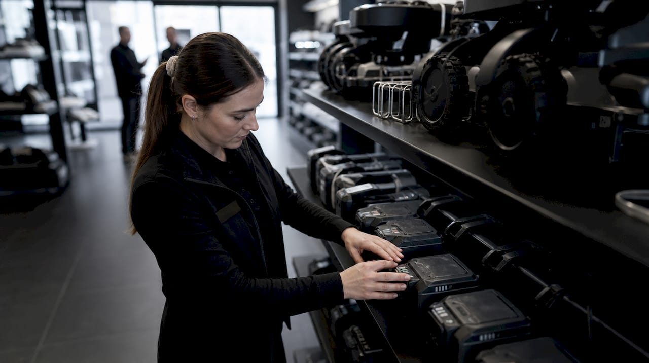 En butiksmedarbetare fyller på och organiserar batterier till trädgårdsredskap i hyllorna.