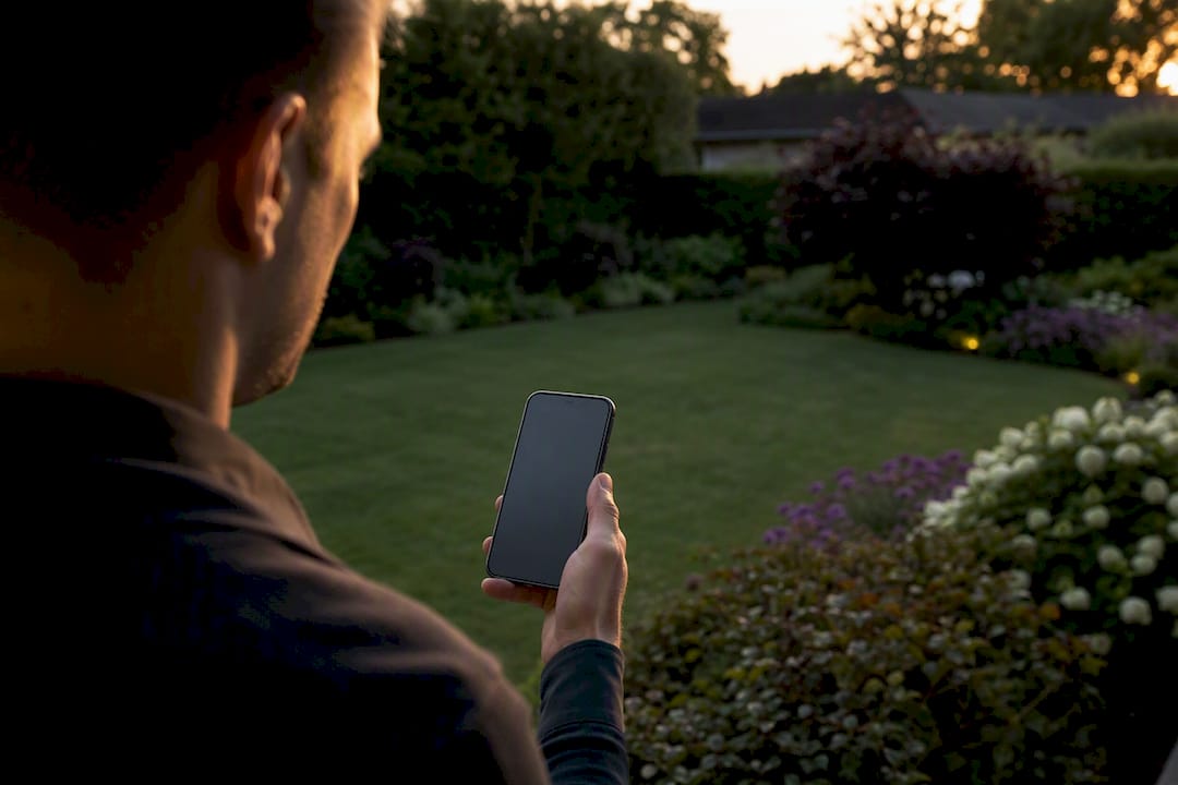 Person som håller en smartphone över gräsmattan i trädgården