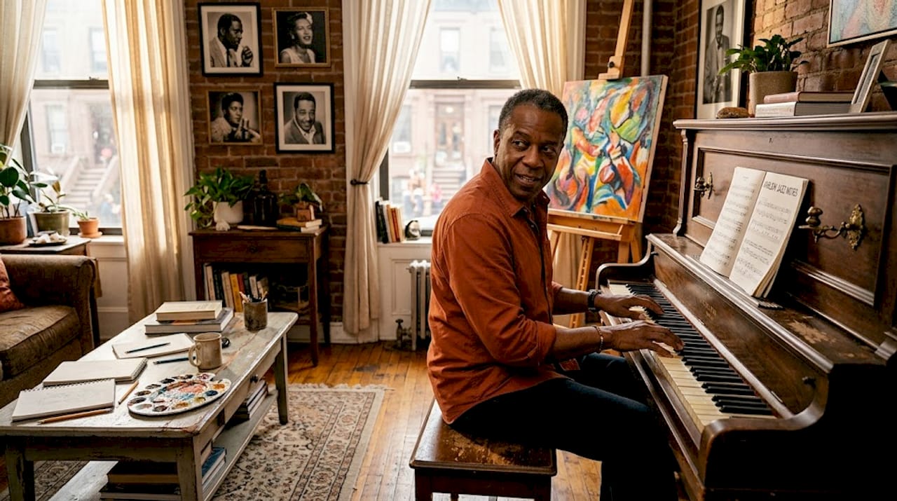 Musician tunes piano beside Harlem art