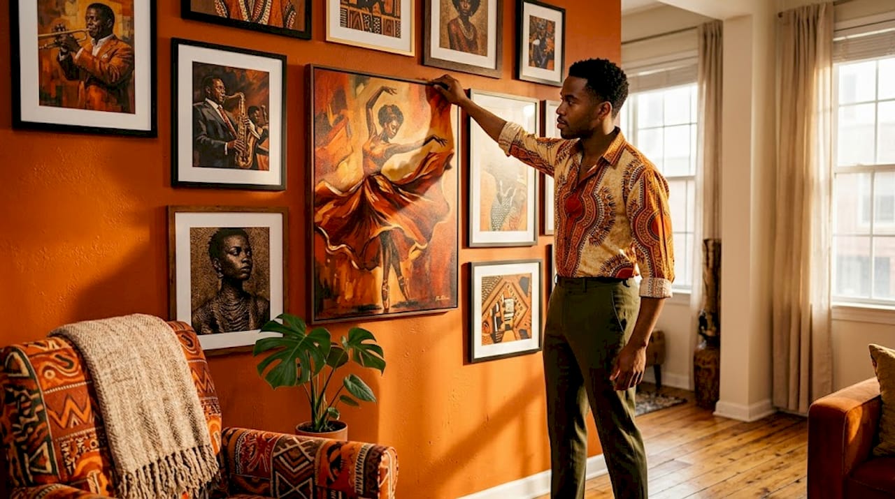 Man hanging dance canvas on home gallery wall