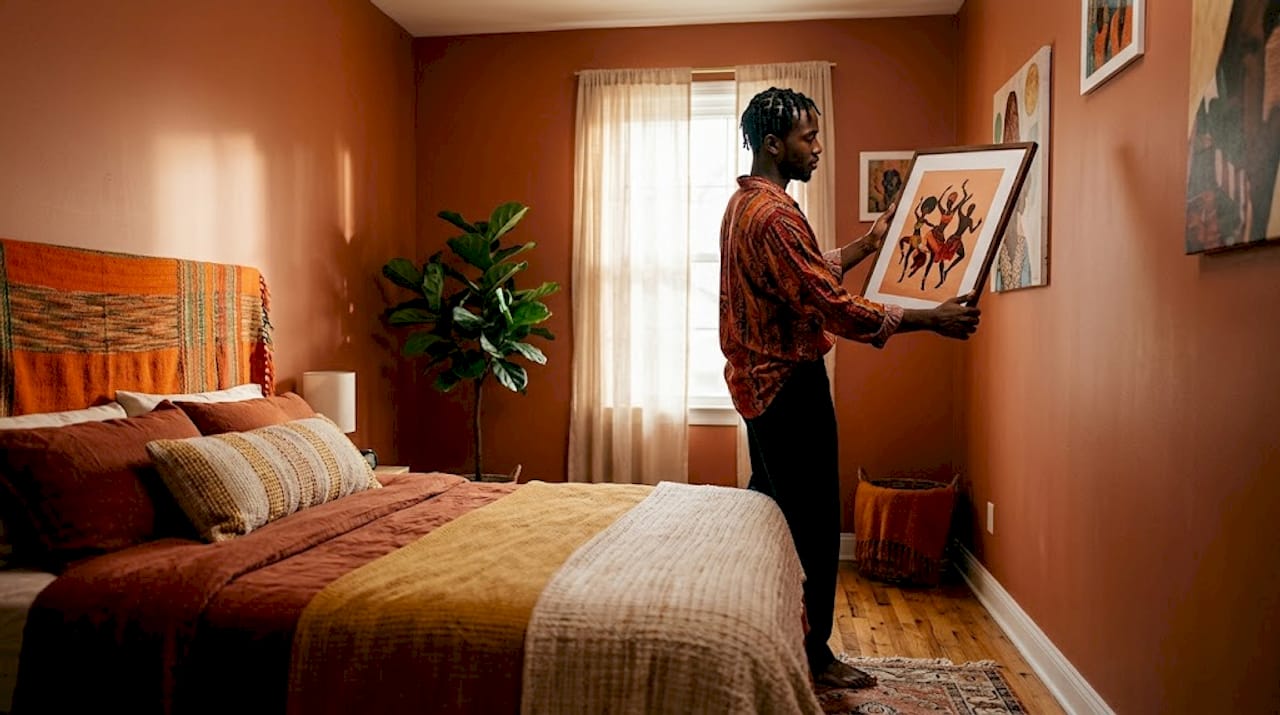 Man positions Afrocentric dance art above bed