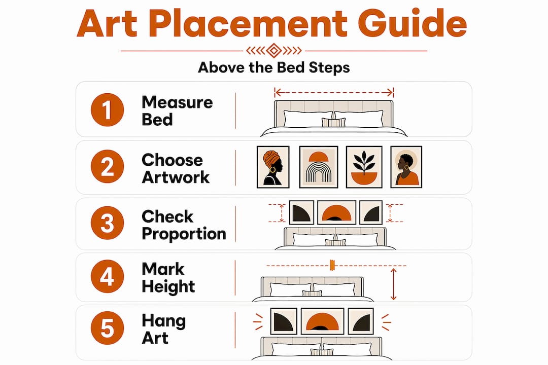 Step-by-step art placement infographic for bedrooms