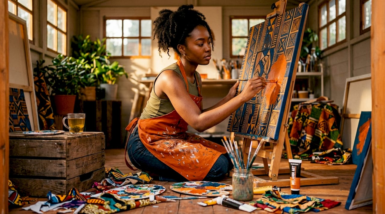 Artist paints bold Afrocentric canvas in studio