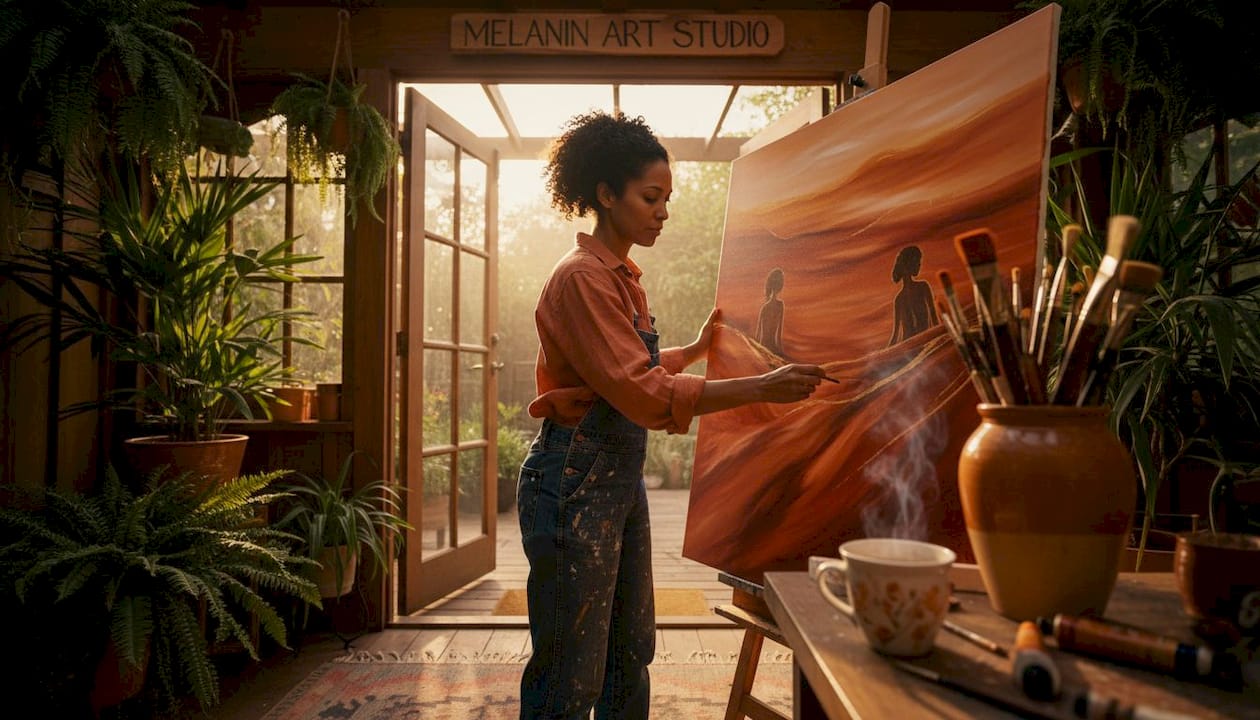 Artist painting abstract melanin wall art in studio
