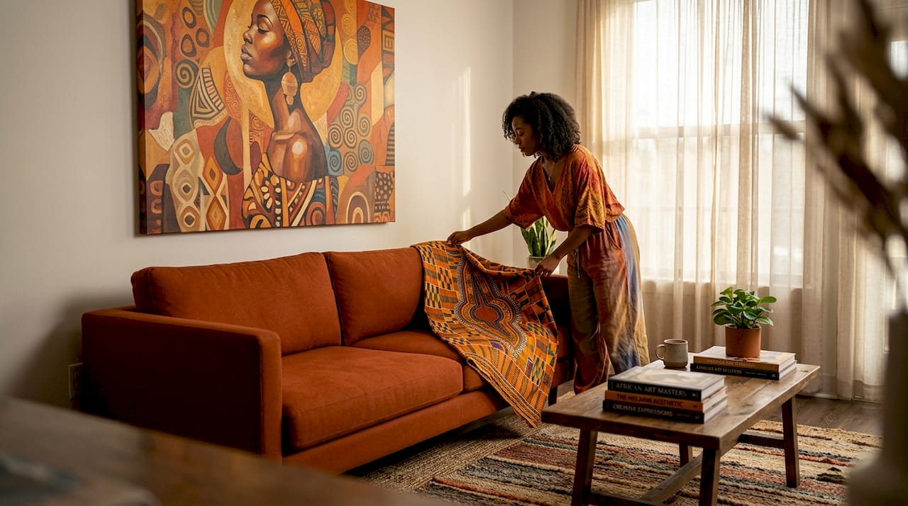 Large African art as statement above sofa