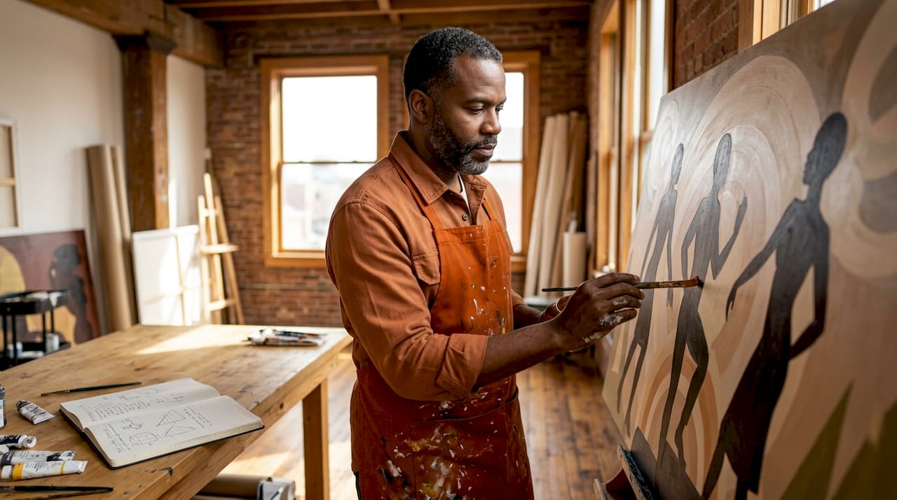 Aaron Douglas-like artist painting geometric mural